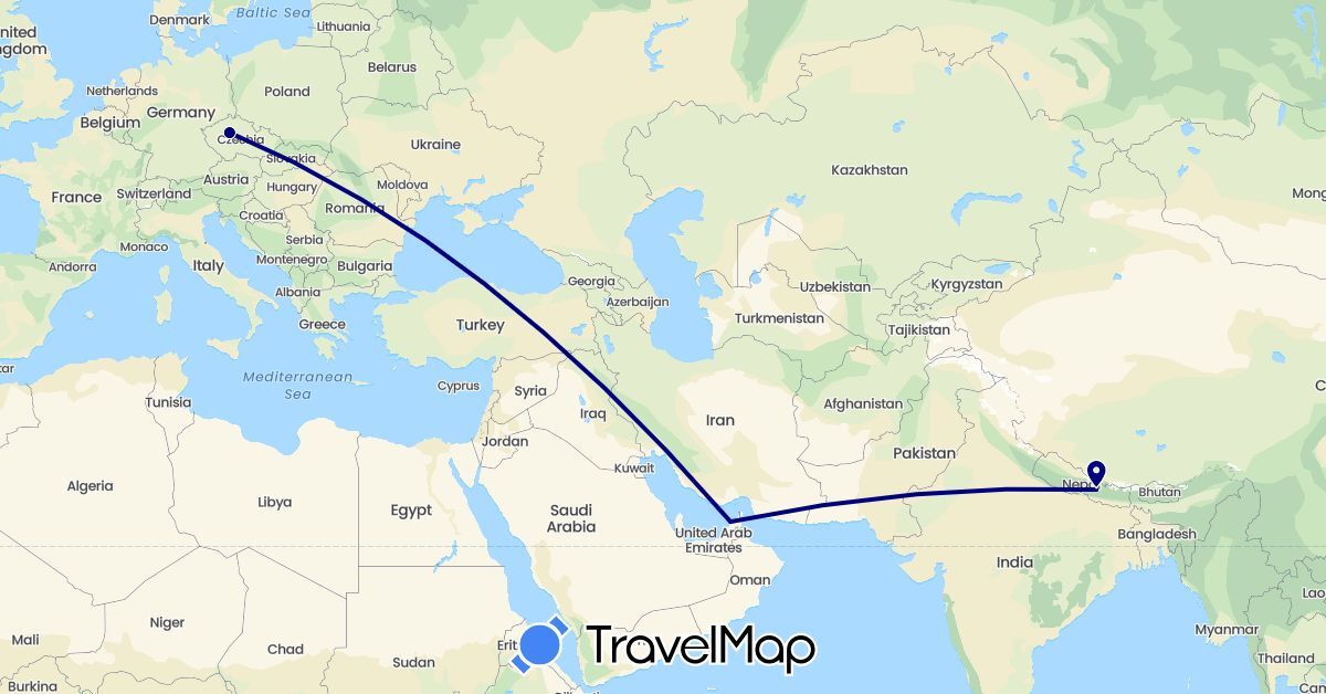 TravelMap itinerary: driving in United Arab Emirates, Czech Republic, Nepal (Asia, Europe)